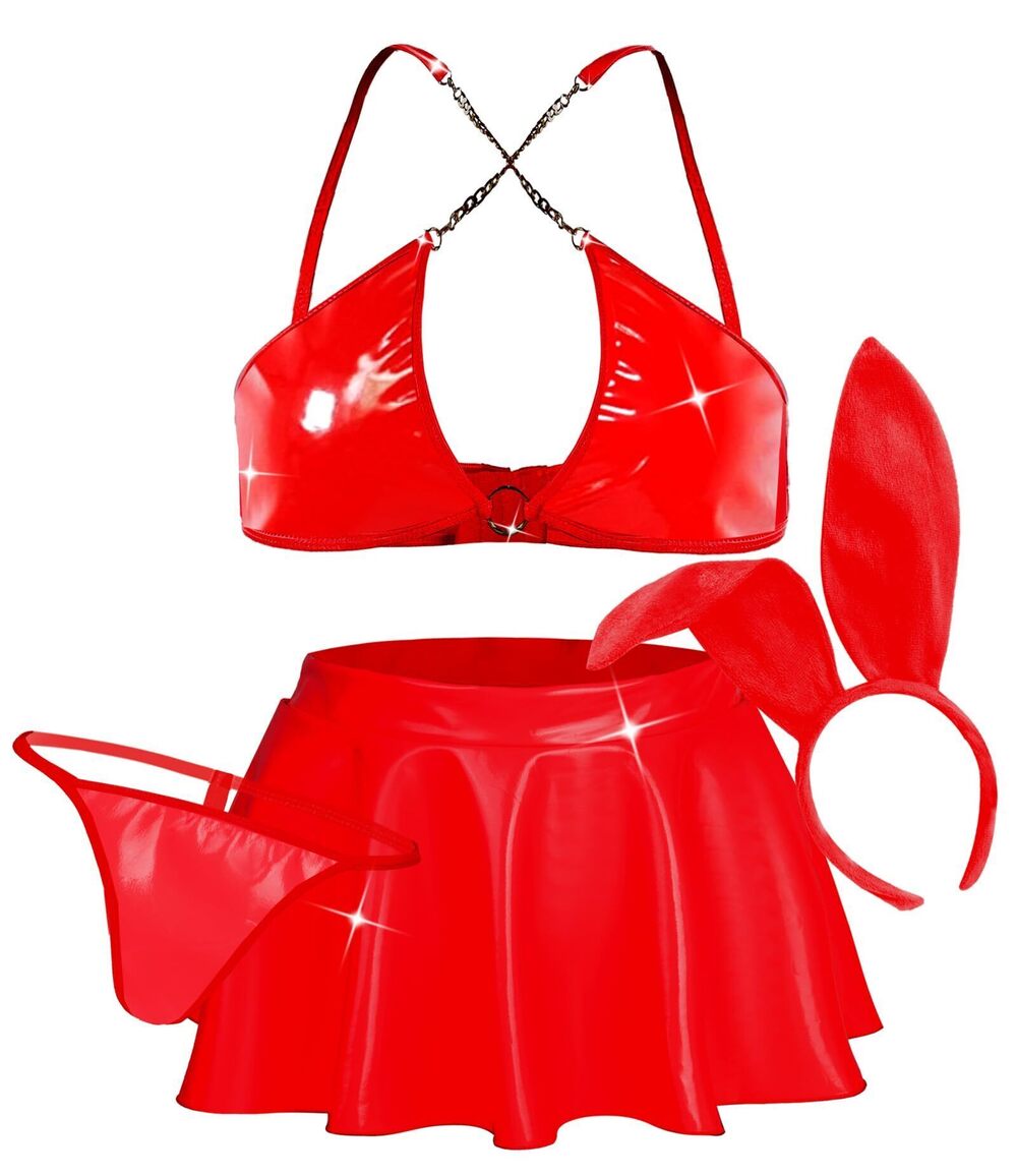 9033 Bunny Costume Set Faux Leather Halloween Rave Cosplay Chain Bra Thongs
